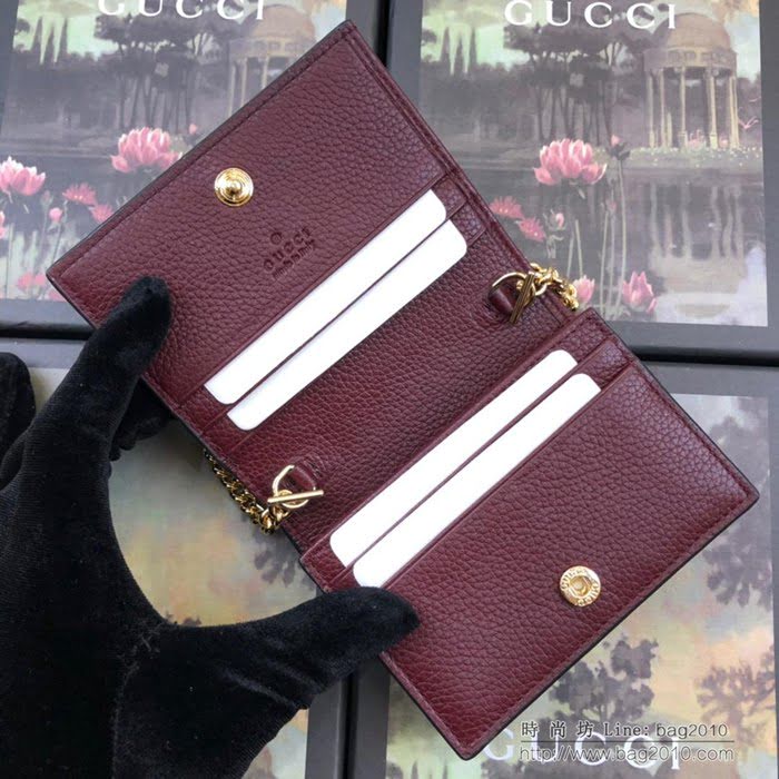 GUCCI古馳錢包 2019新款 Zumi系列 粒面皮革 精卡包 互扣式G馬銜扣 可拆卸鏈條 女款短錢包 570660 棗紅  ydgq3288